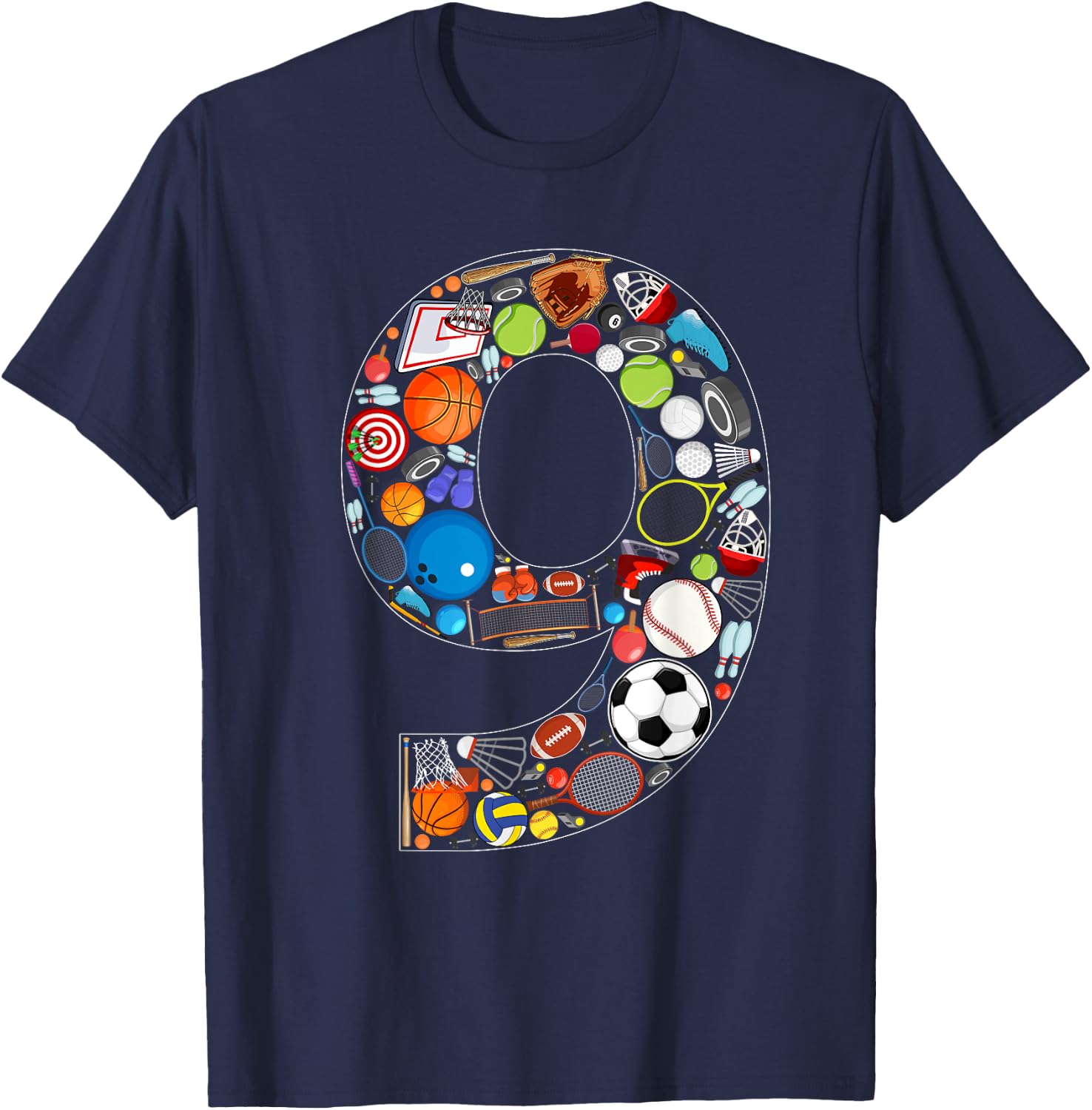 9th Birthday Sports Themed 9 Year Old Party Kids T-Shirt - T-Shirt | Navy