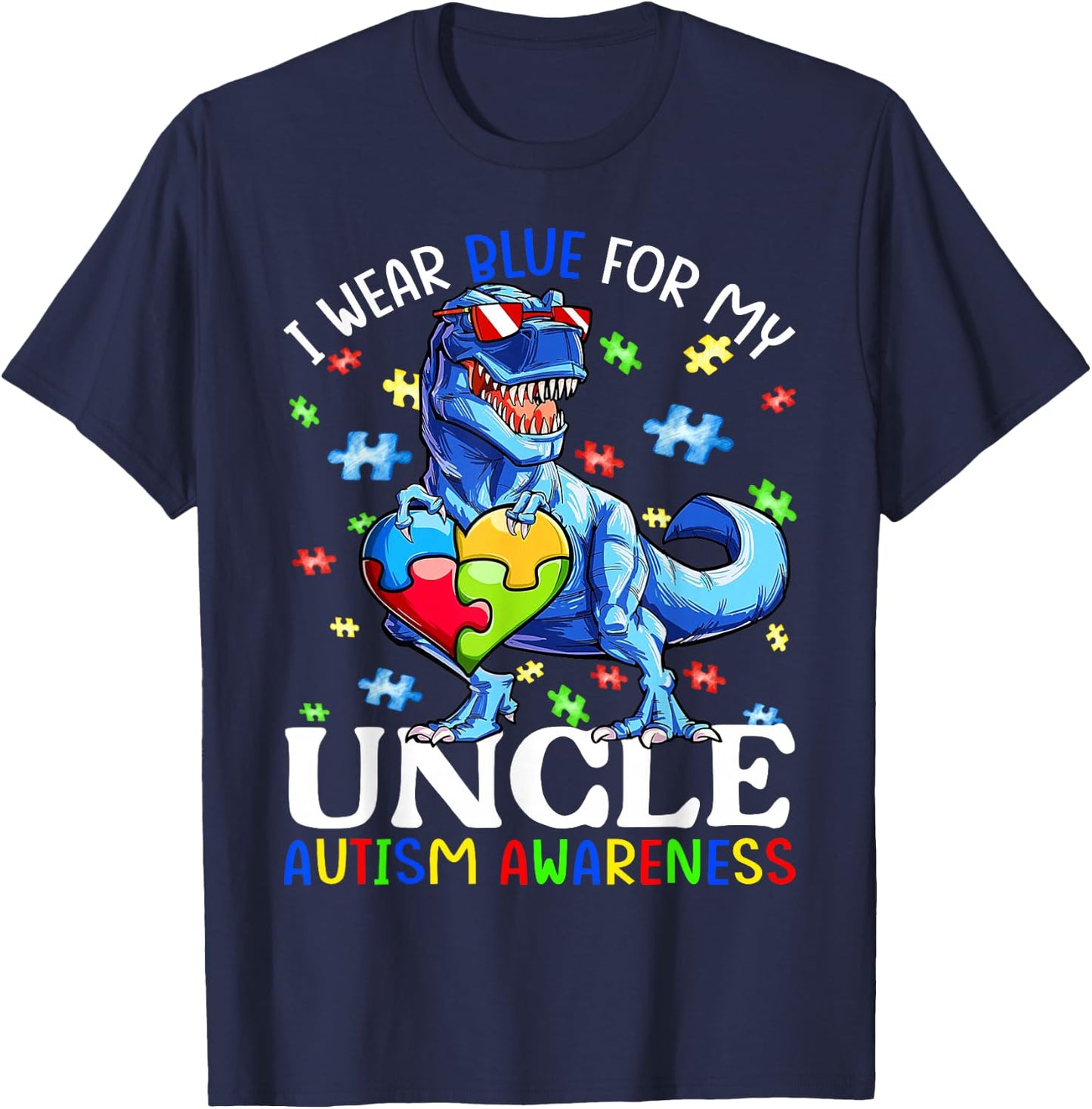 I Wear Blue For My Uncle Autism Awareness Dinosaur Boys T-Shirt - T-Shirt | Navy