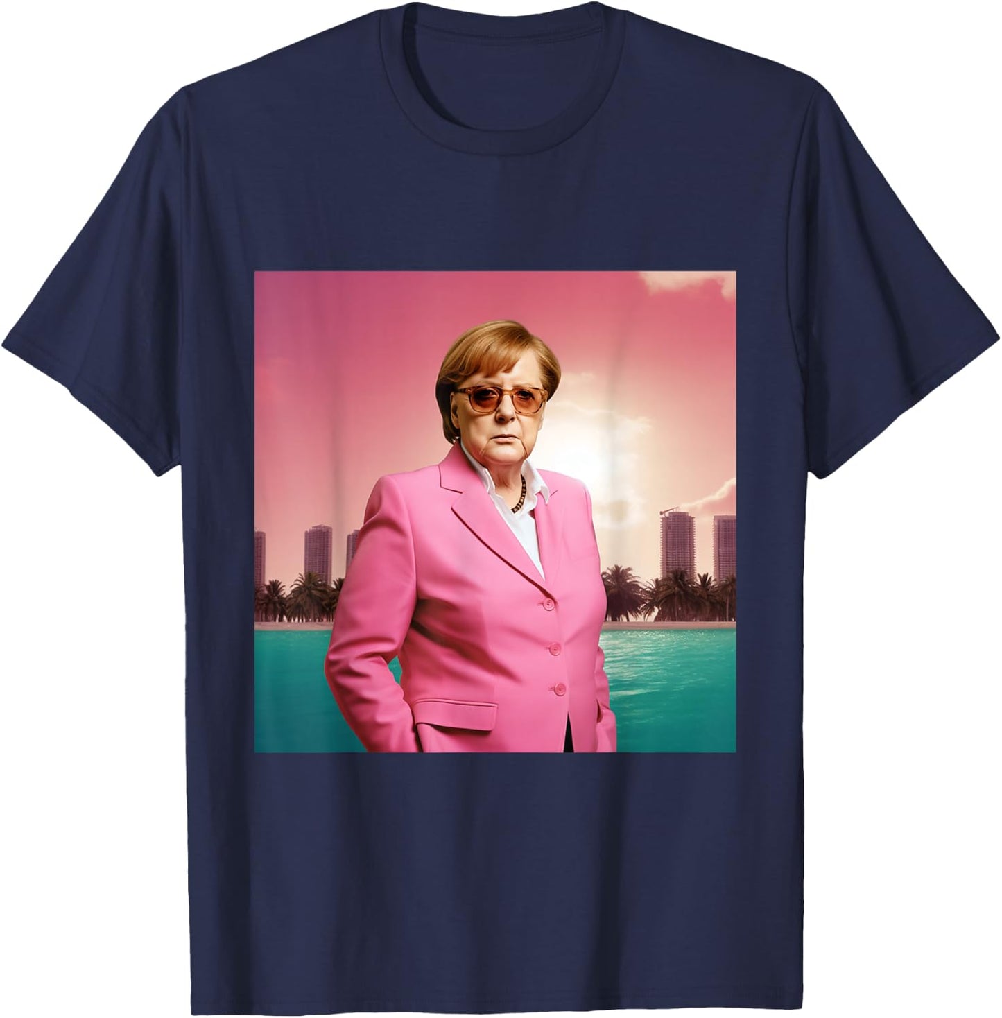 Angela Merkel Wearing Pink Suit in Miami, Digital Art , black T-Shirt - T-Shirt | Navy