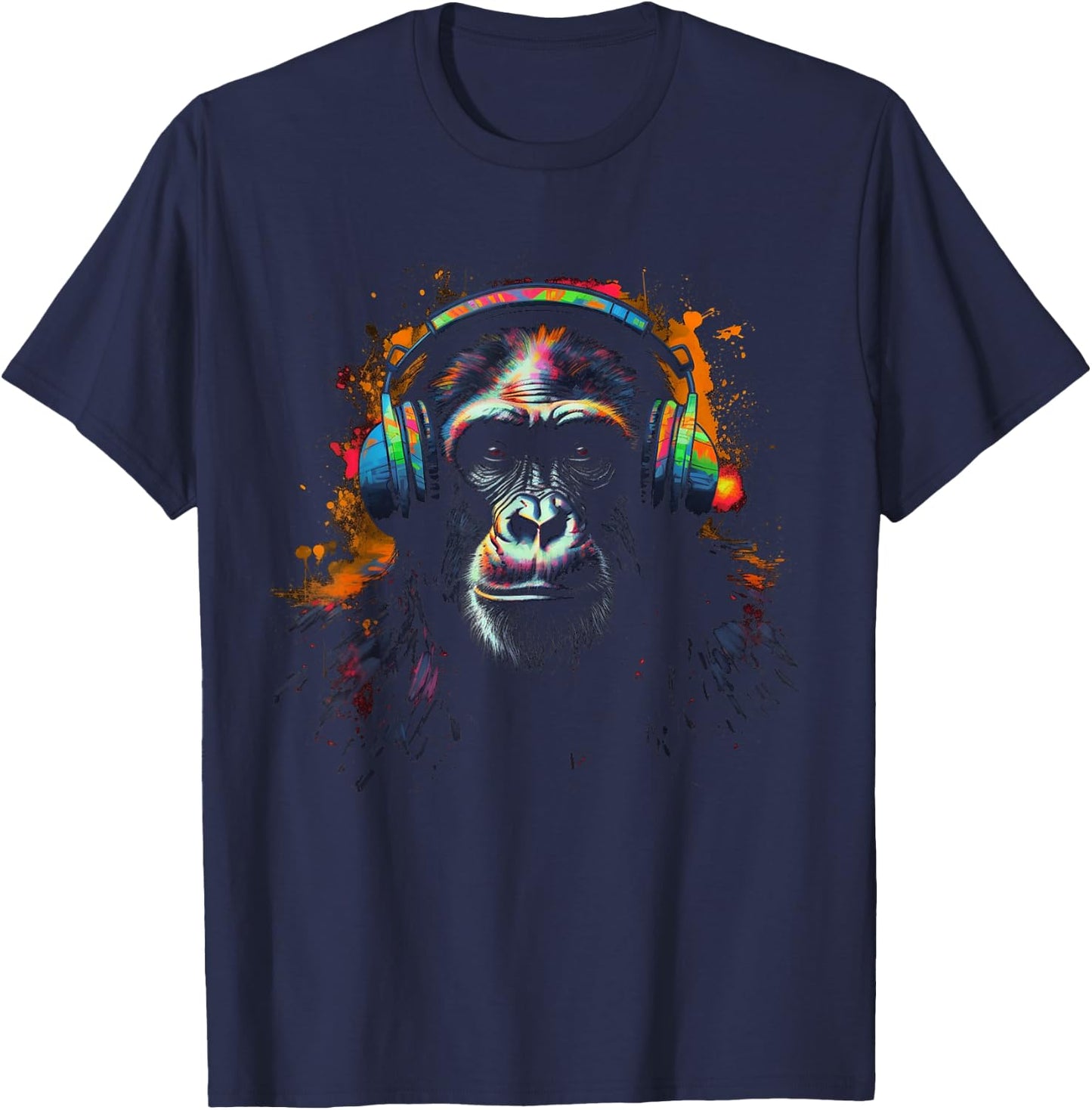 Monkey Music Headphones Colourful Animal Motif Zoo Animal Art Monkey T-Shirt - T-Shirt | Navy