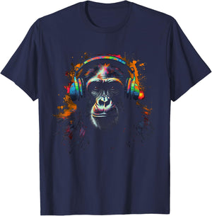 Monkey Music Headphones Colourful Animal Motif Zoo Animal Art Monkey T-Shirt - T-Shirt | Navy