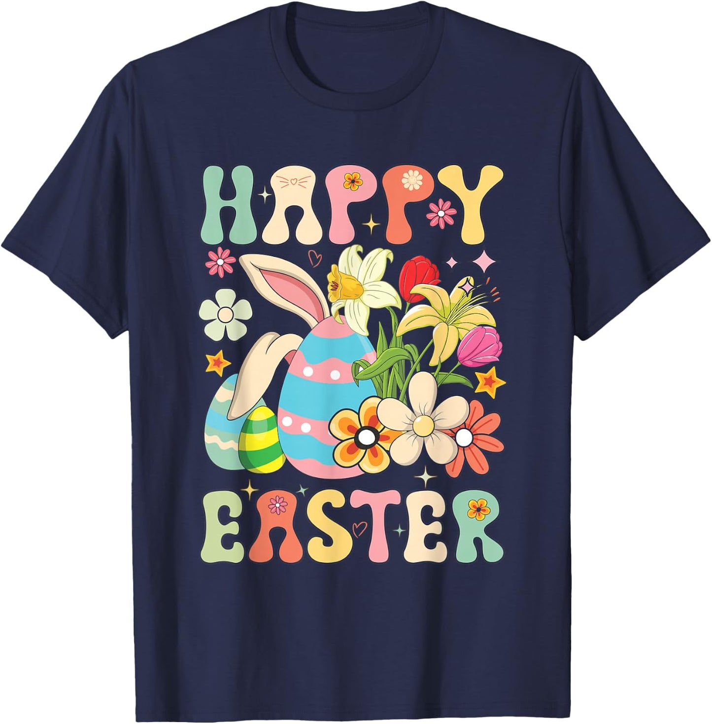 Happy Easter Bunny Rabbit Eggs Groovy Matching Easter Day T-Shirt - T-Shirt | Navy