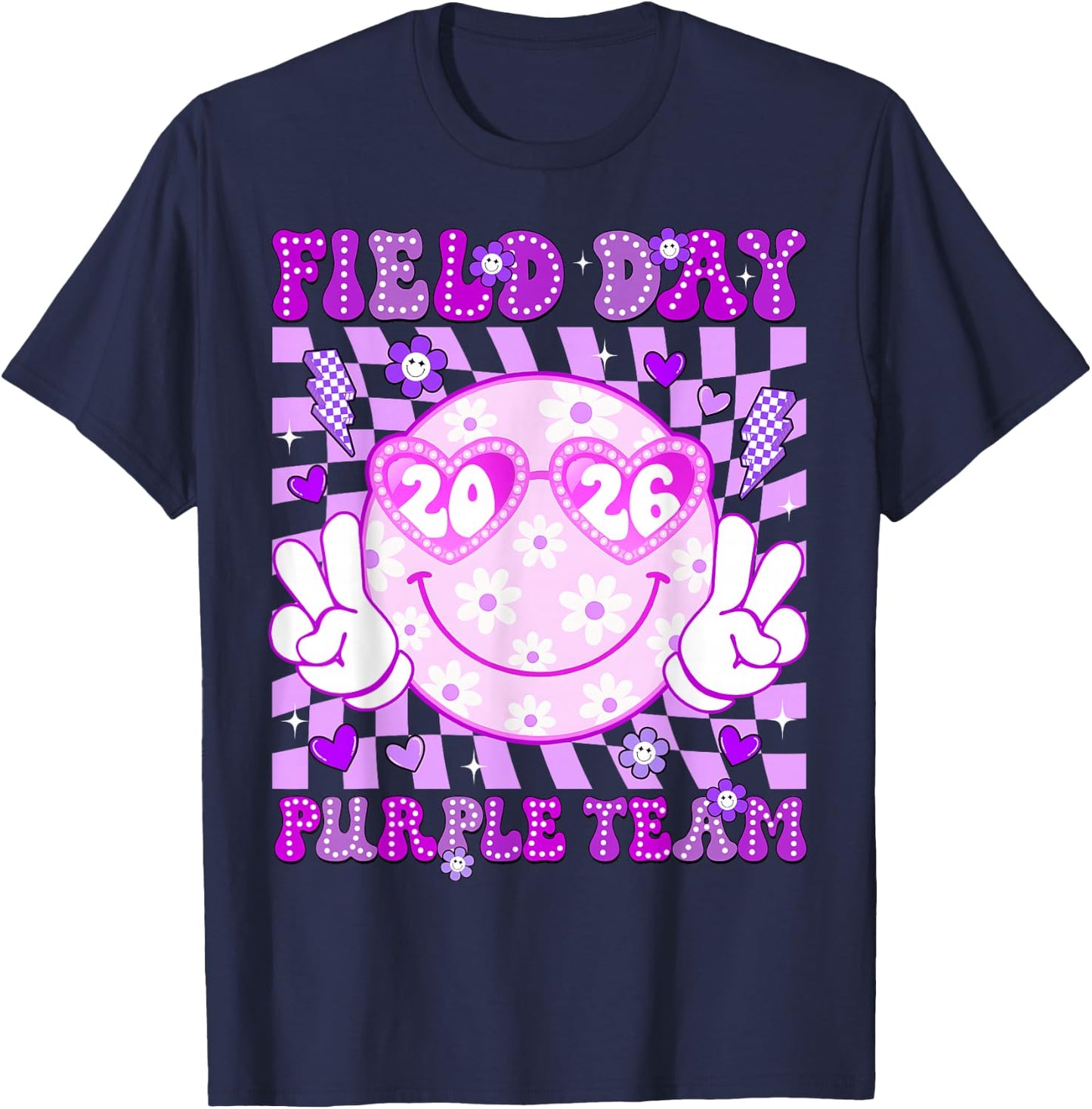 Field Day Purple Team 2026 Smile Face Sunglasses Kid Teacher T-Shirt - T-Shirt | Navy
