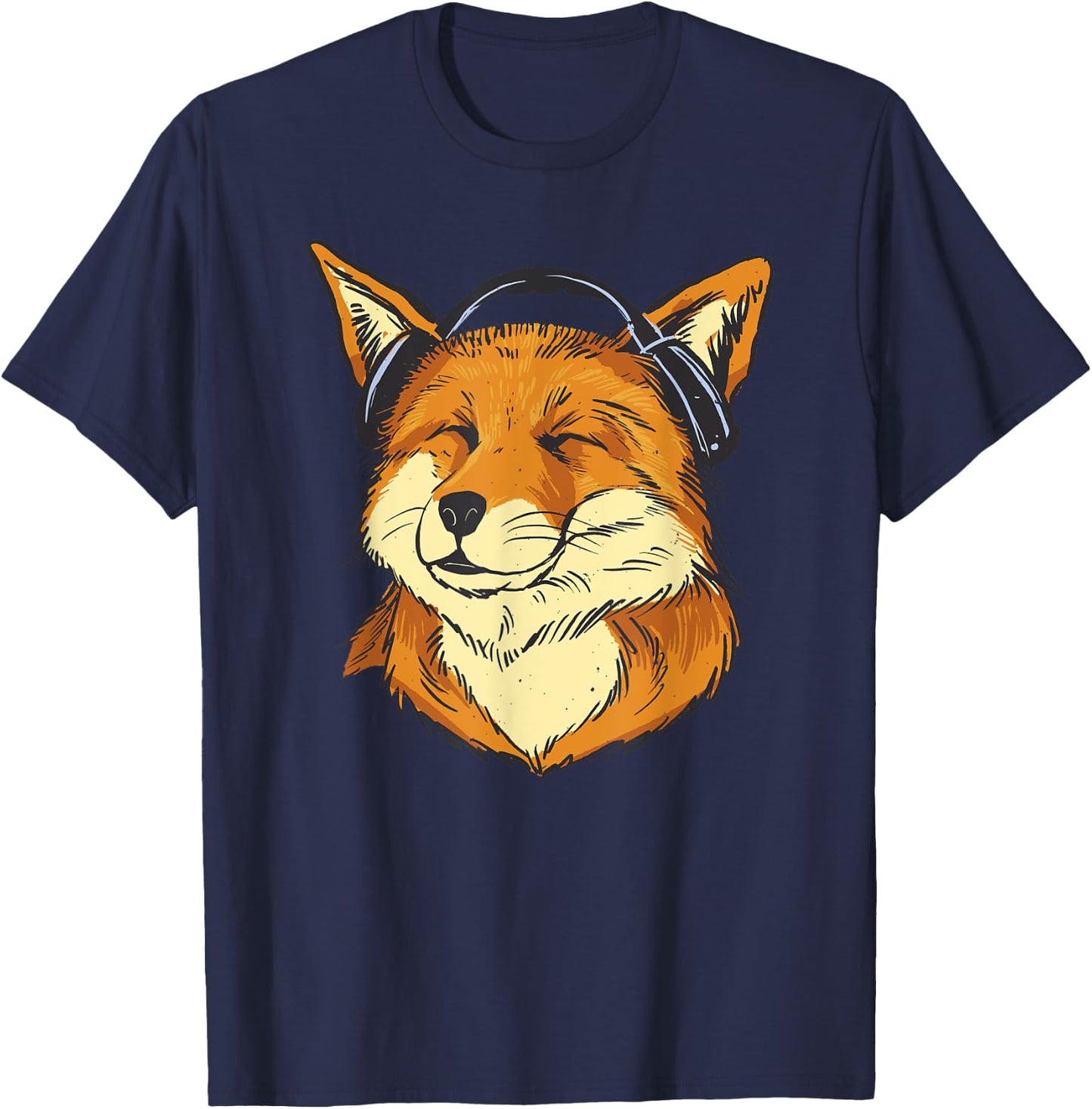 with Headphones Fox with Headphones Happy Fox Listens to Music, black T-Shirt - T-Shirt | Navy