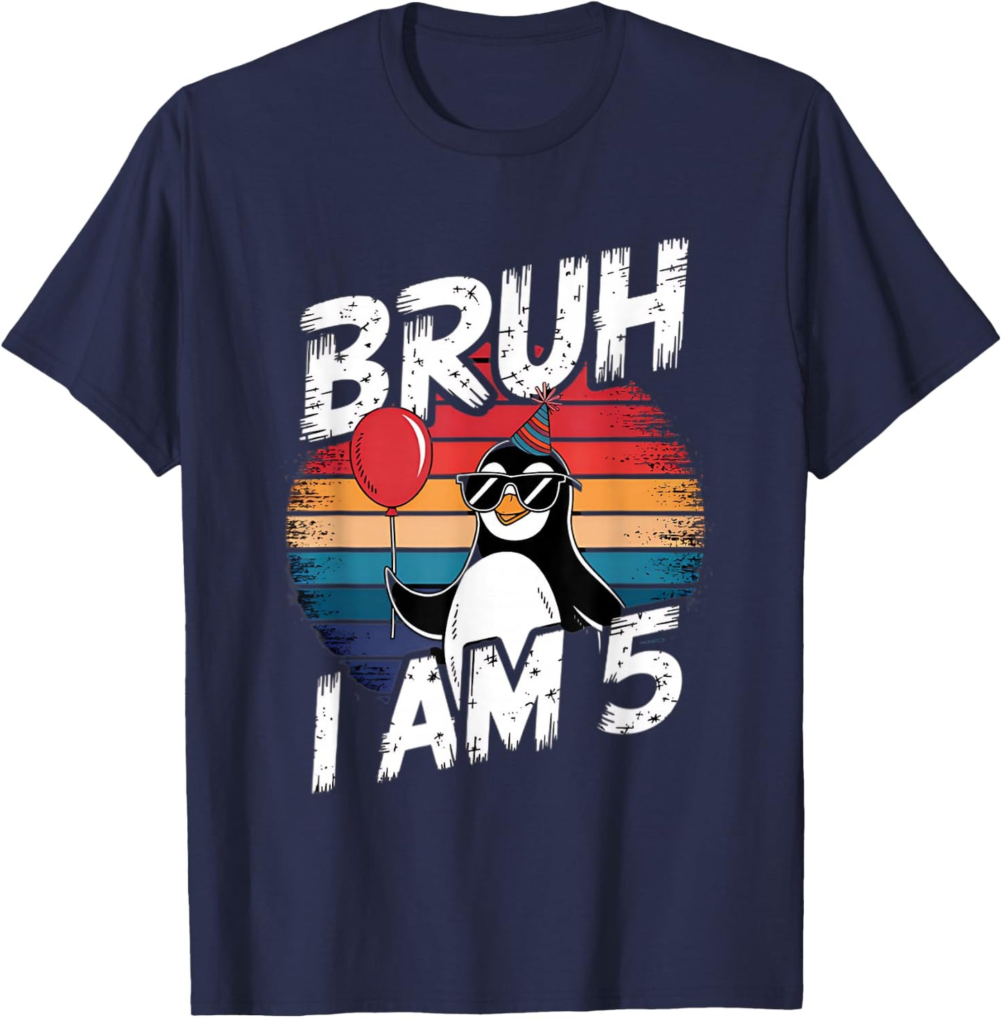 Bruh I Am 5 Penguin Kids 5th Birthday Party Retro Sunset T-Shirt - T-Shirt | Navy