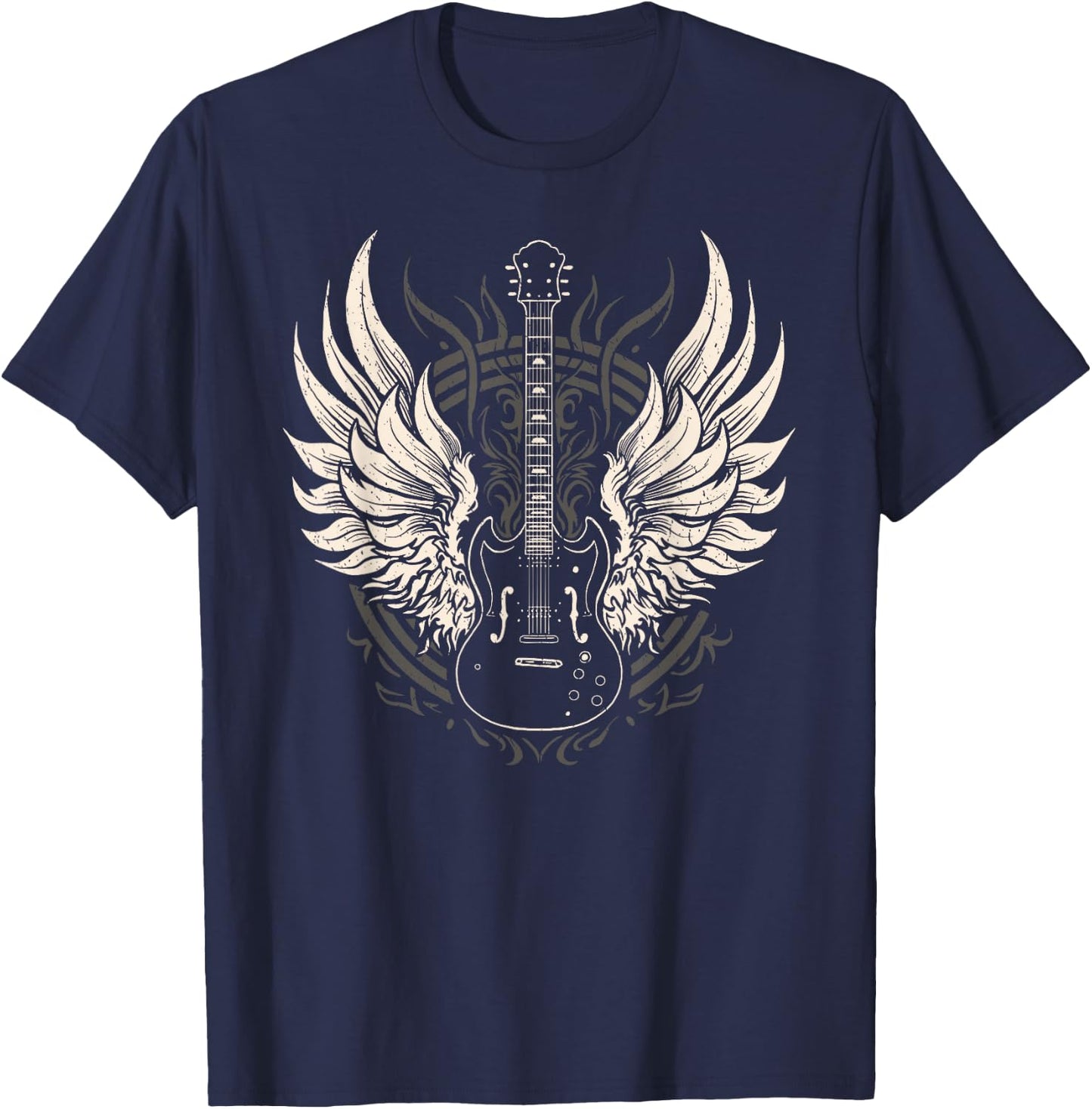 Guitar with Wings Art Graphic Women Children T-Shirt - T-Shirt | Navy