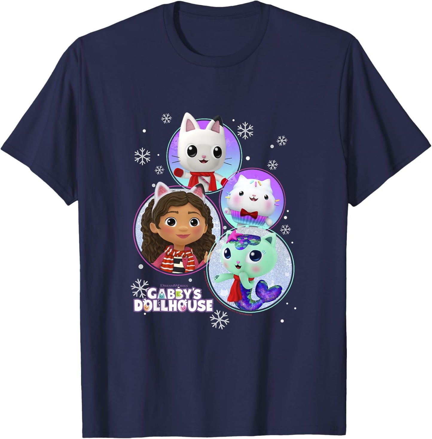 Kids Gabby's Dollhouse Group Christmas Character Snowflake Panels T-Shirt - T-Shirt | Navy