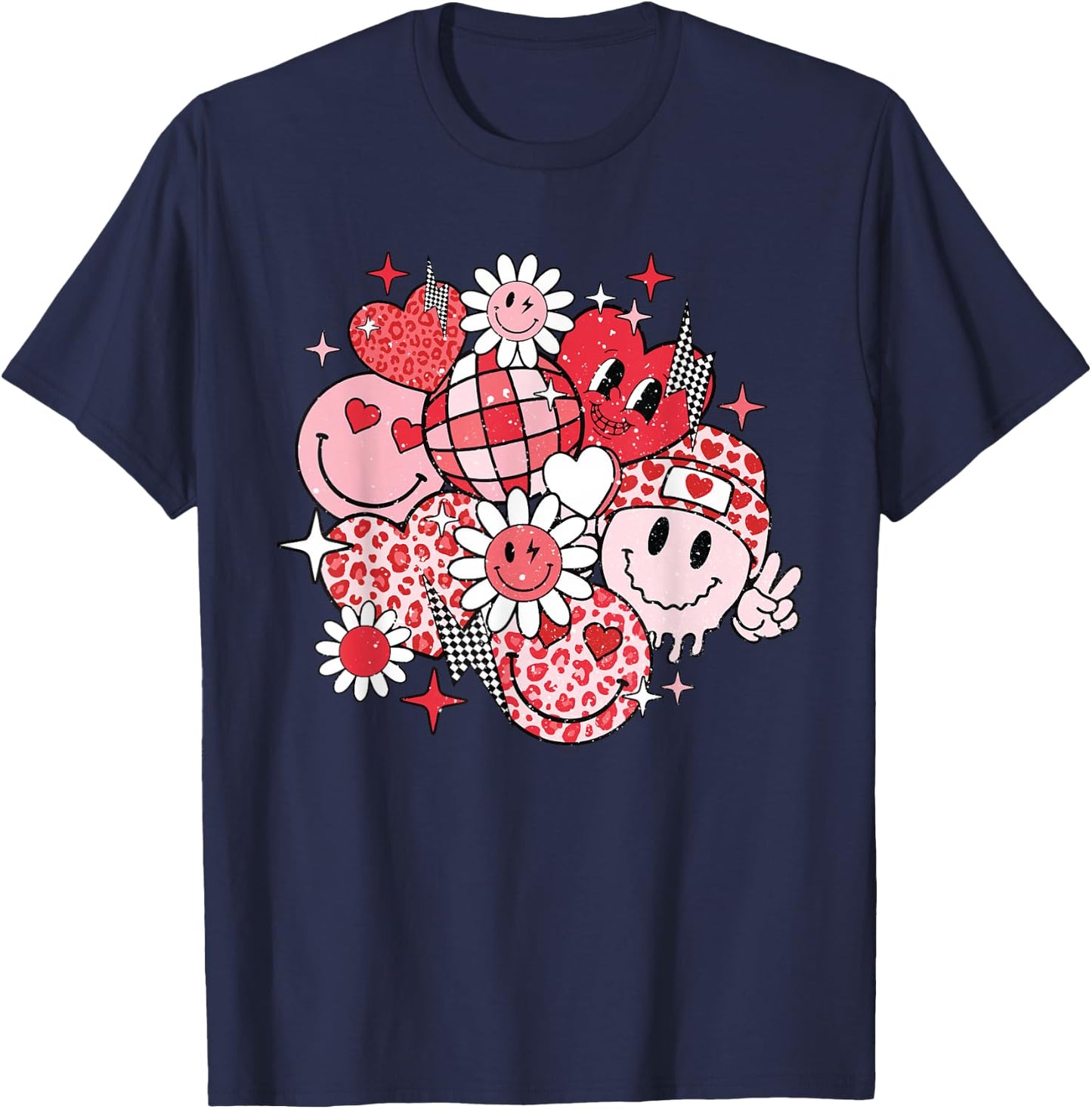 Smile Face Valentines Day Vibes Leopard Flower Groovy Retro T-Shirt - T-Shirt | Navy