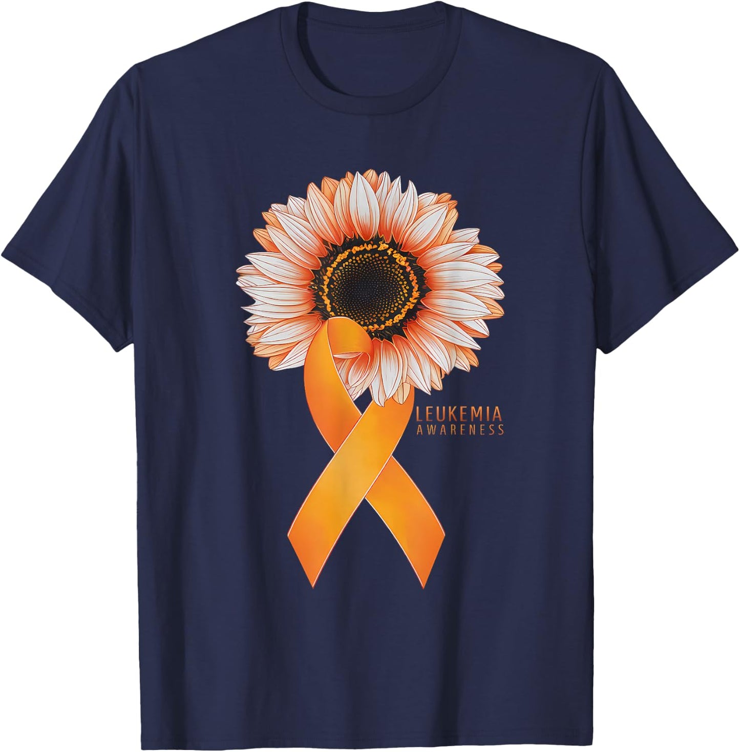 Leukemia Cancer Awareness Sunflower Warrior Orange Ribbon T-Shirt - T-Shirt | Navy