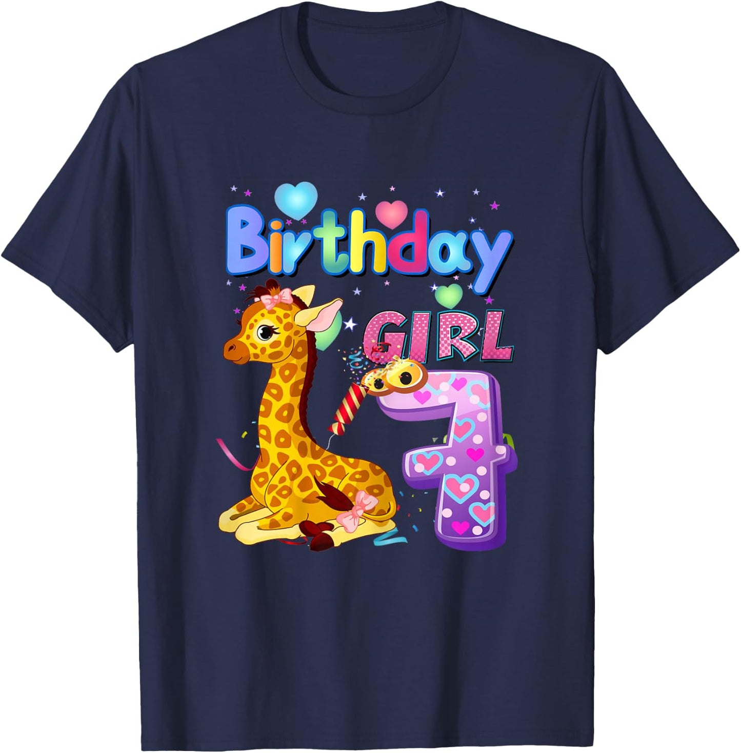 Giraffe Birthday For Girl 7th Giraffe Birthday 7 Year Old) T-Shirt - T-Shirt | Navy