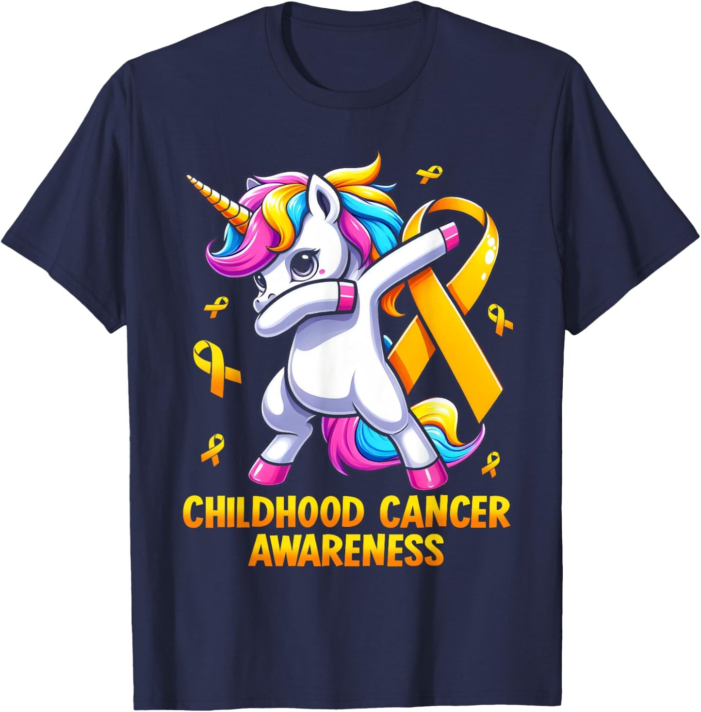 Unicorn Gold Ribbon Girls Childhood Cancer Awareness T-Shirt - T-Shirt | Navy