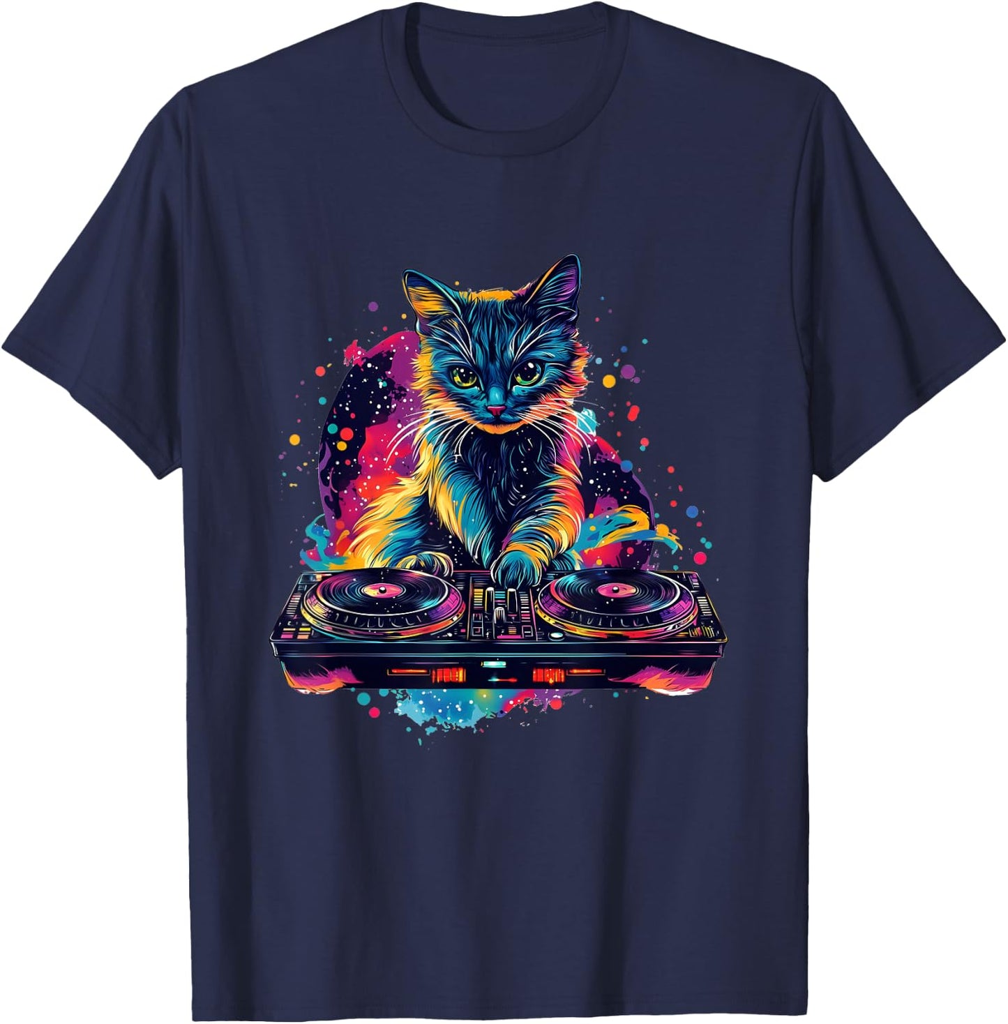 Cool DJ Cat Techno Rave House Party Disco , Black, S T-Shirt - T-Shirt | Navy