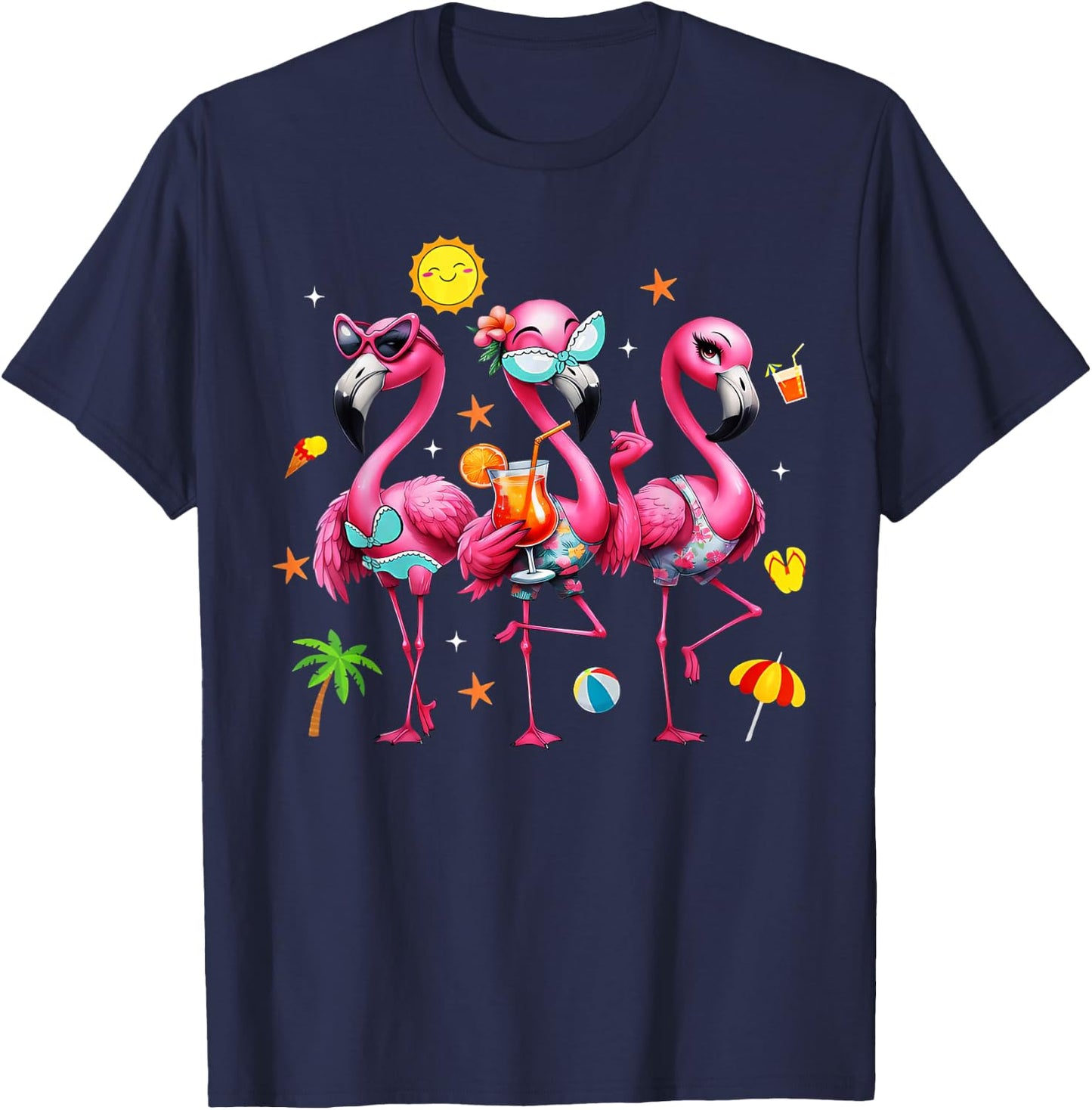 Flamingo Pink Palm Tree Tropical Beach Summer Vacation Women T-Shirt - T-Shirt | Navy