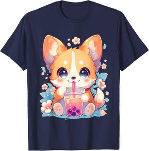Boba Tea Bubble Tea Anime Kawaii Corgi Puppy T-Shirt - T-Shirt | Navy