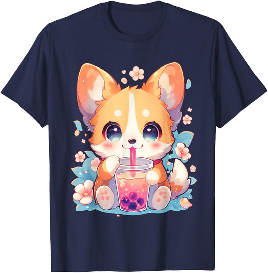 Boba Tea Bubble Tea Anime Kawaii Corgi Puppy T-Shirt - T-Shirt | Navy