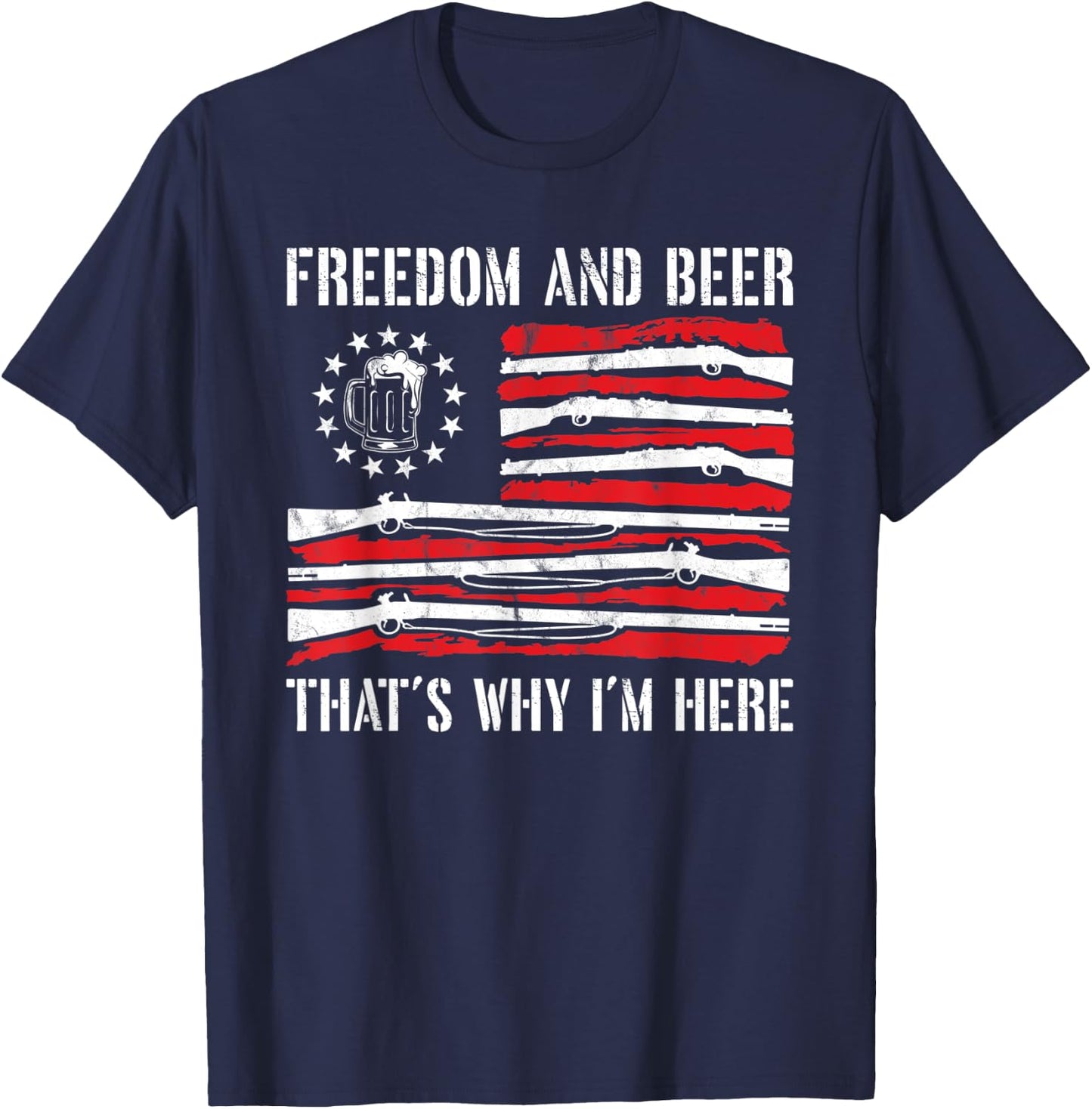 4th of July Freedom And Beer Gun Rights Merica American Flag T-Shirt - T-Shirt | Navy