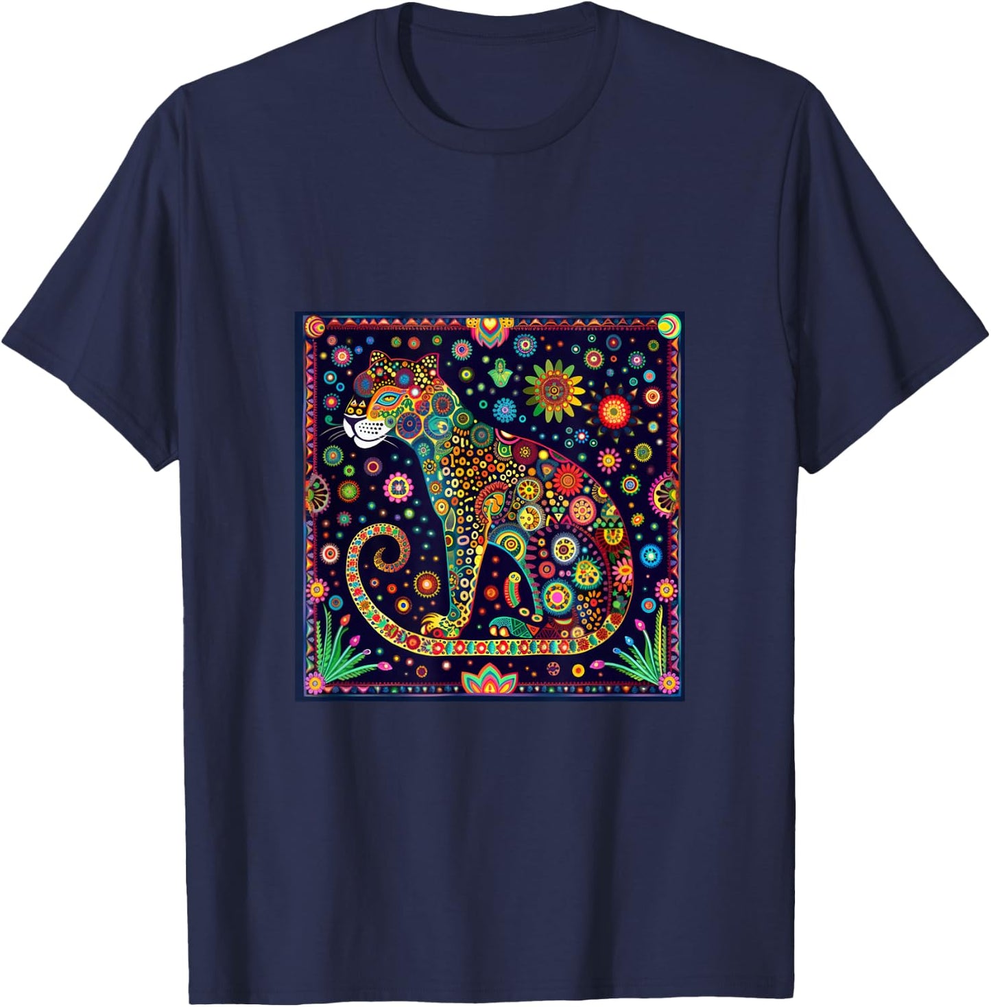 Jaguar Head Huichol Art Mexico Aztec Mayas T-Shirt - T-Shirt | Navy