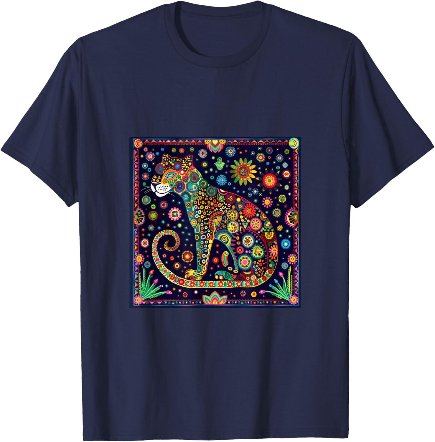 Jaguar Head Huichol Art Mexico Aztec Mayas T-Shirt - T-Shirt | Navy