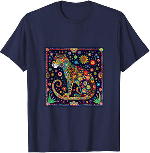Jaguar Head Huichol Art Mexico Aztec Mayas T-Shirt - T-Shirt | Navy