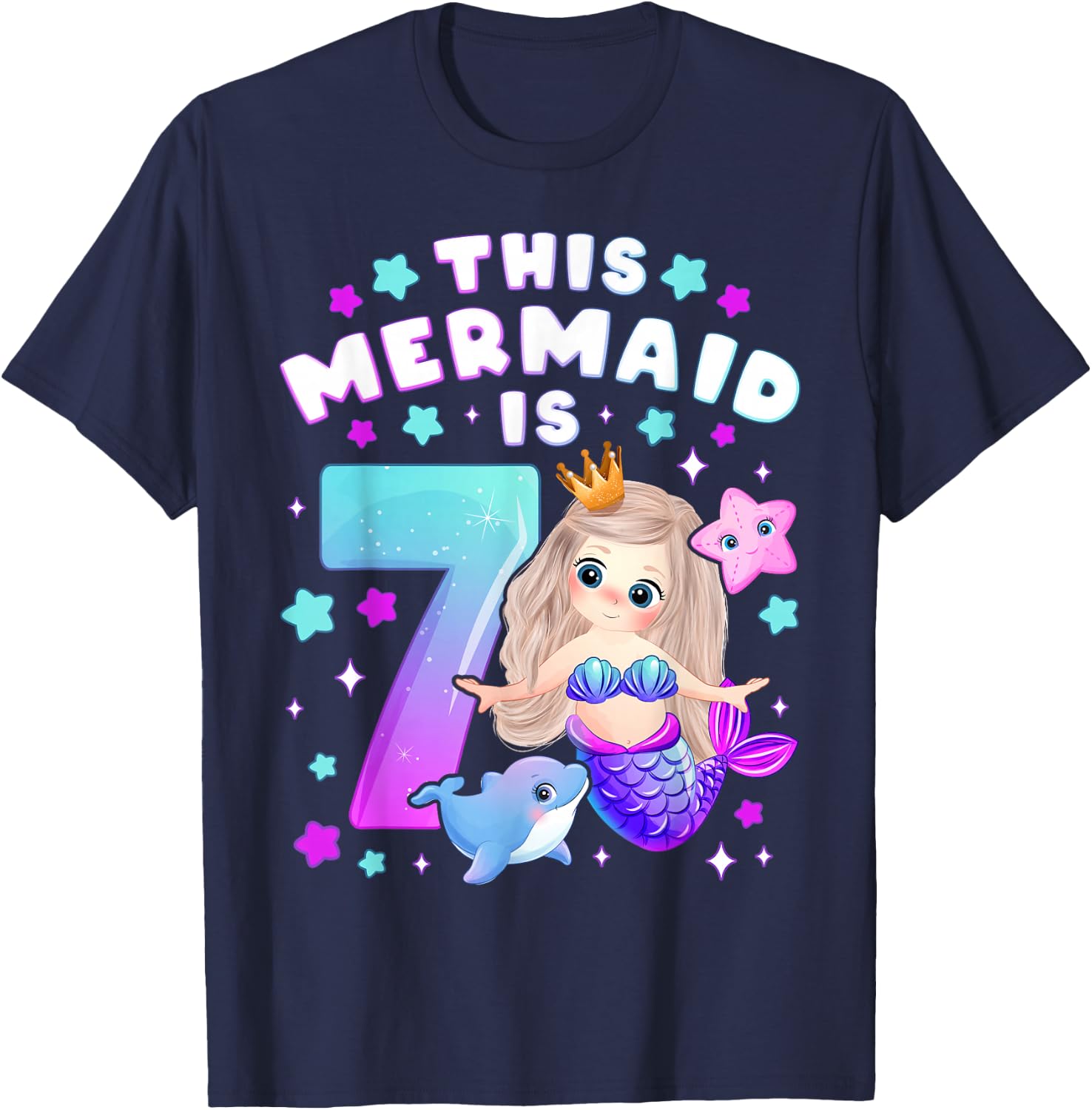 7th Birthday Girl 7 Years Mermaid Number 7 T-Shirt - T-Shirt | Navy
