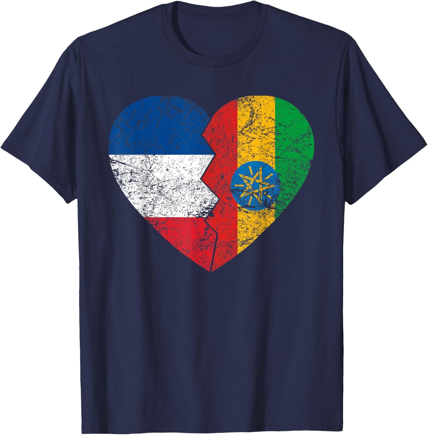 Ethiopian Flag Heart | France Ethiopia Roots Vintage , Black, S T-Shirt - T-Shirt | Navy