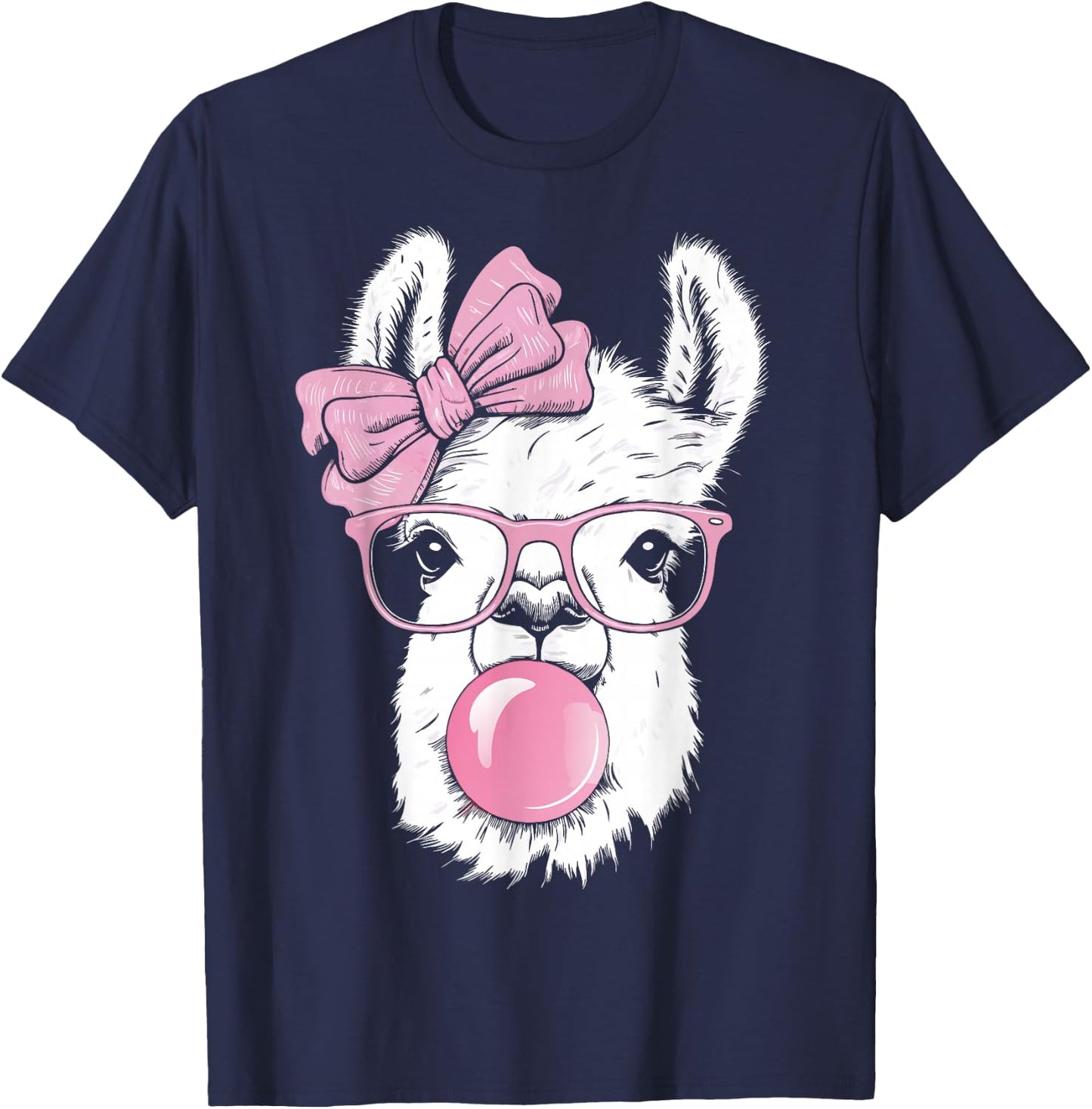 Llama Wearing Glasses and Blowing Pink Bubble Gum T-Shirt - T-Shirt | Navy