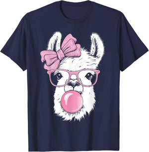 Llama Wearing Glasses and Blowing Pink Bubble Gum T-Shirt - T-Shirt | Navy