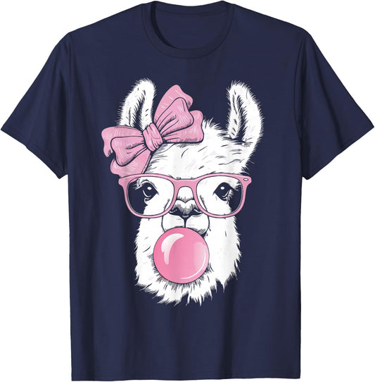 Llama Wearing Glasses and Blowing Pink Bubble Gum T-Shirt - T-Shirt | Navy