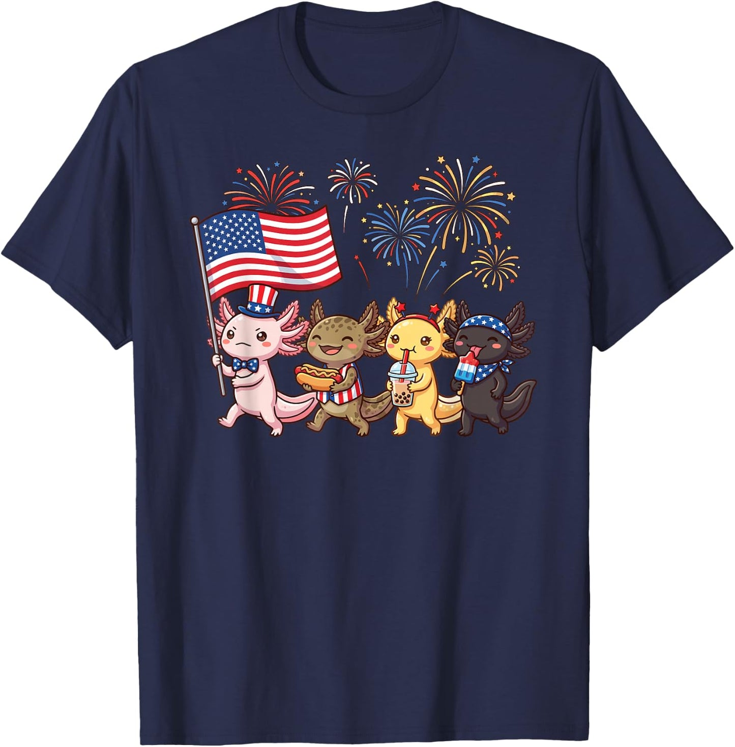 Kawaii Patriotic Axolotls Celebrating 4th of July Fireworks T-Shirt - T-Shirt | Navy