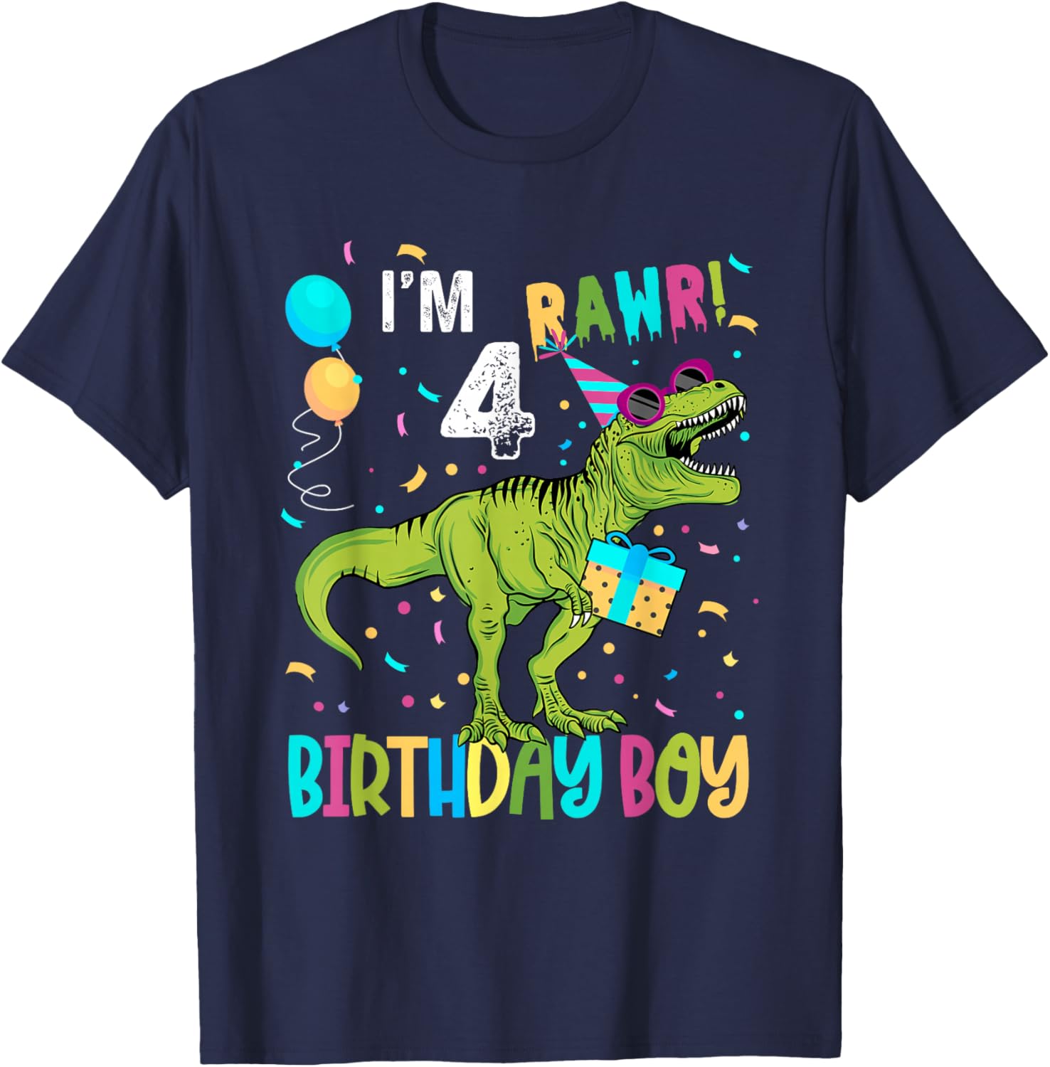 Birthday Boy 4 Years Old 4th Cute Rex Family Dinosaur Squad T-Shirt - T-Shirt | Navy