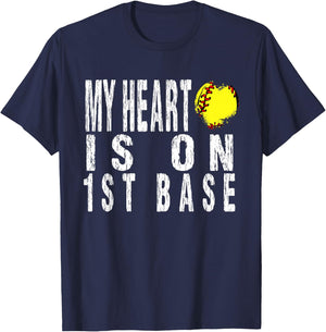 My Heart is on 1st Base Baseball Softball Life Mom Leopard T-Shirt - T-Shirt | Navy