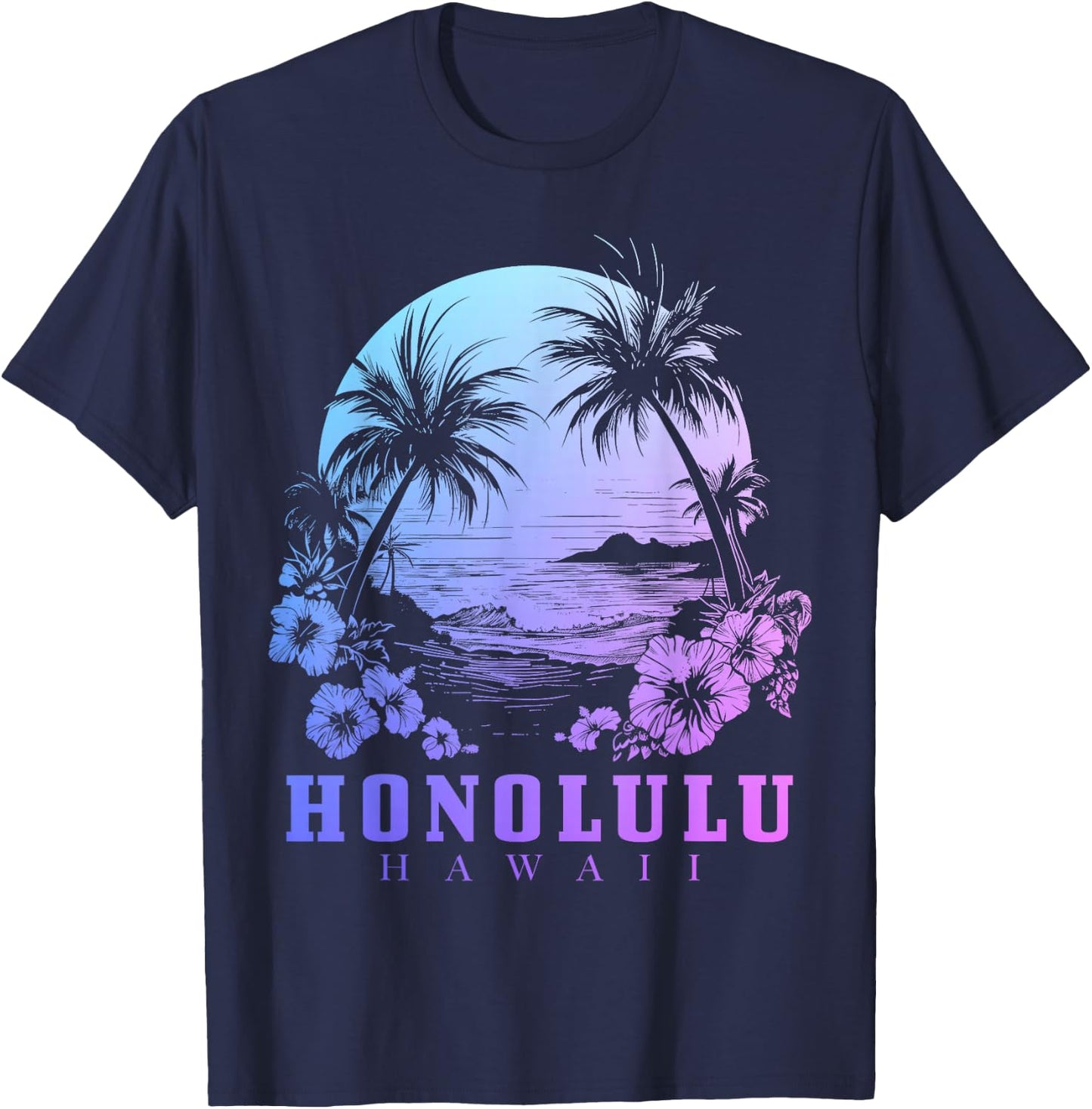 Honolulu Hawaii Hawaiian Hibiscus Flowers Surfer Souvenir T-Shirt - T-Shirt | Navy