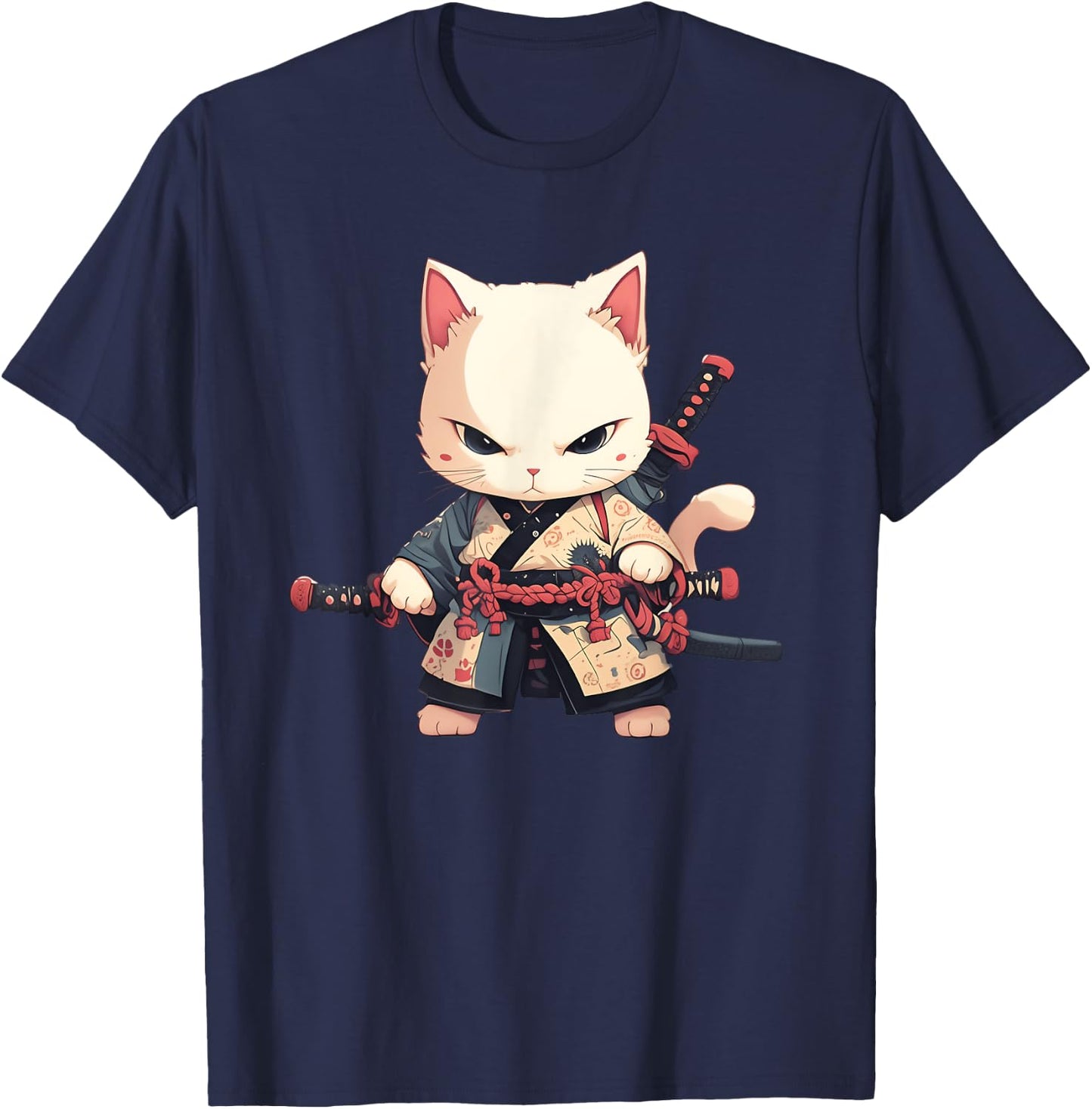 Japanese Samurai Cat Kawaii Ninja Cat Neko Men Women Girls Kids T-Shirt - T-Shirt | Navy