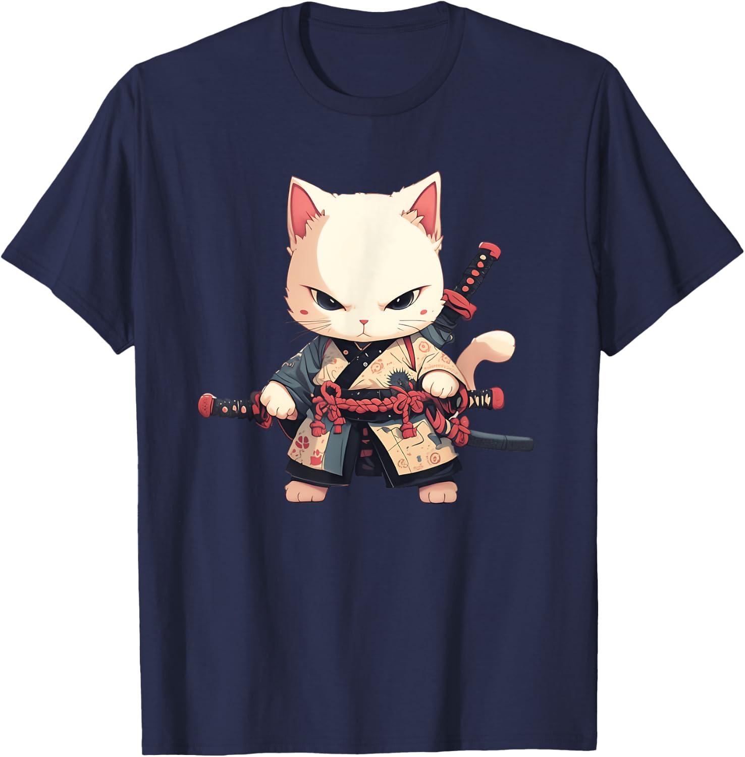 Japanese Samurai Cat Kawaii Ninja Cat Neko Men Women Girls Kids T-Shirt - T-Shirt | Navy