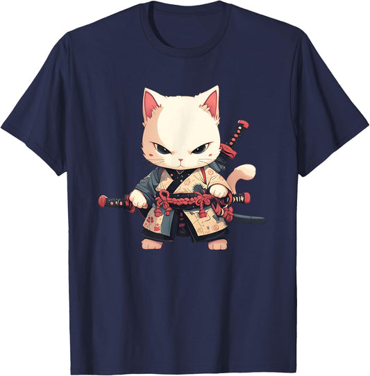 Japanese Samurai Cat Kawaii Ninja Cat Neko Men Women Girls Kids T-Shirt - T-Shirt | Navy