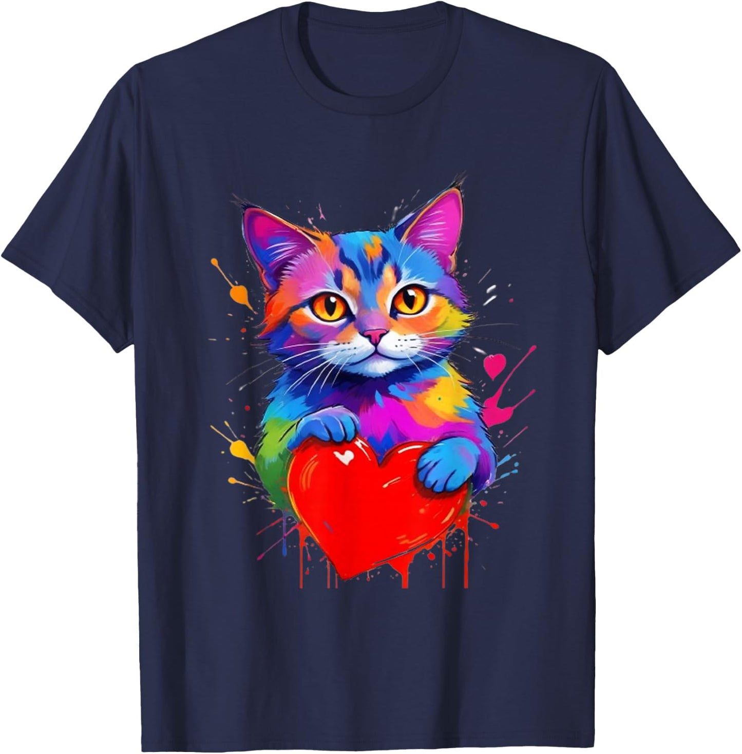 Buntes Katzen- – Regenbogen-Kätzchen-Herz Aquarell Haustier T-Shirt - T-Shirt | Navy