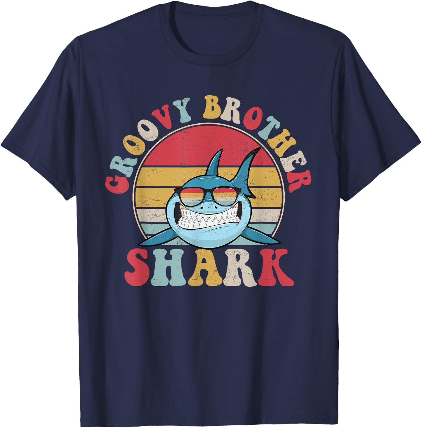 Groovy Brother Shark Retro Colorful Aesthetic Design Big Bro T-Shirt - T-Shirt | Navy