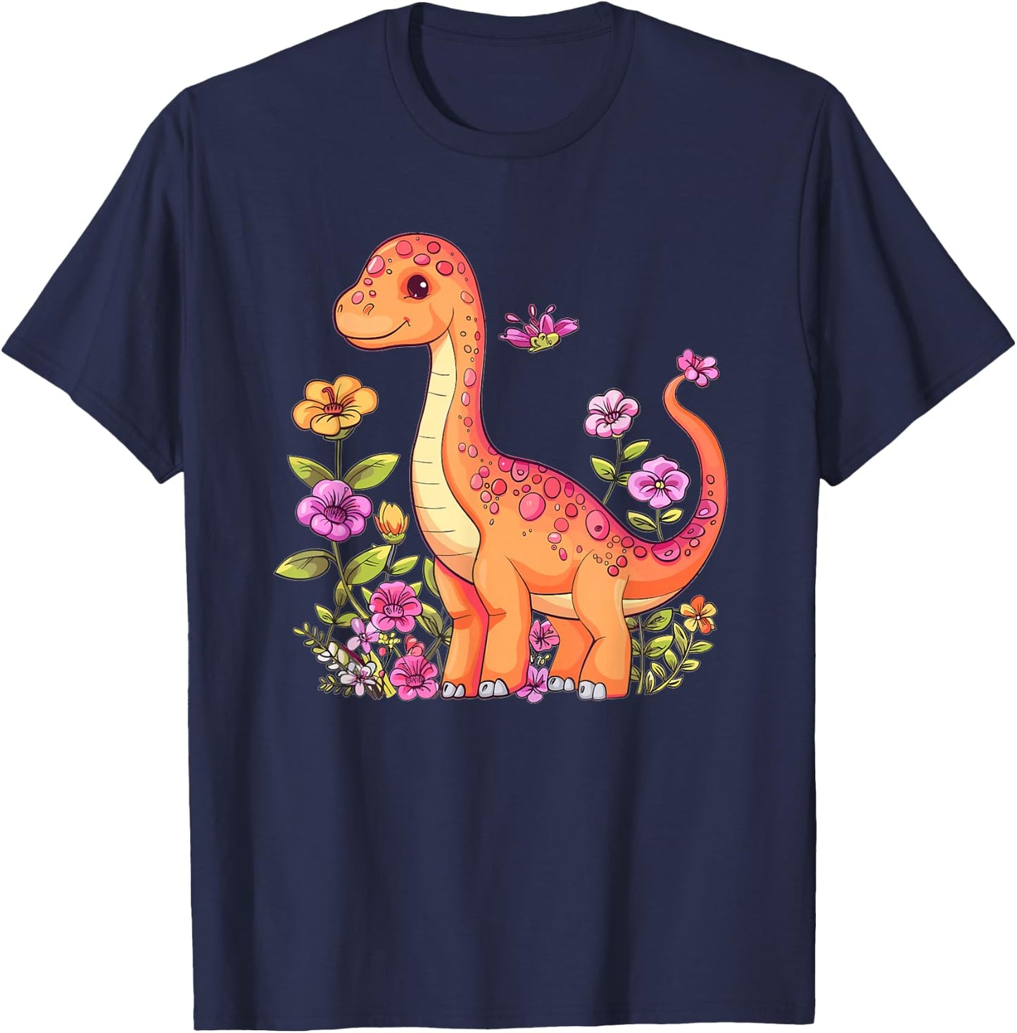 Cute Brachiosaurus With Flowers I Kids Brachiosaurus T-Shirt - T-Shirt | Navy