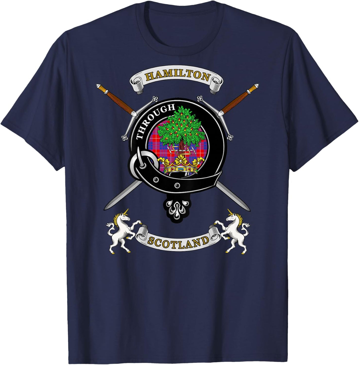 Hamilton Scottish Clan Badge Tartan & Swords (Back) T-Shirt - T-Shirt | Navy