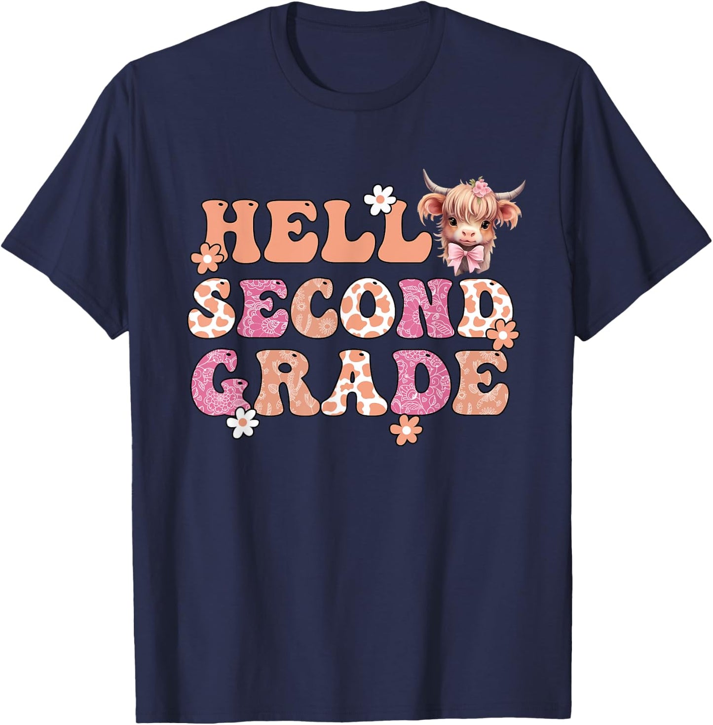 Hello Second Grade Highland Cow Back To School 2nd Grade T-Shirt - T-Shirt | Navy