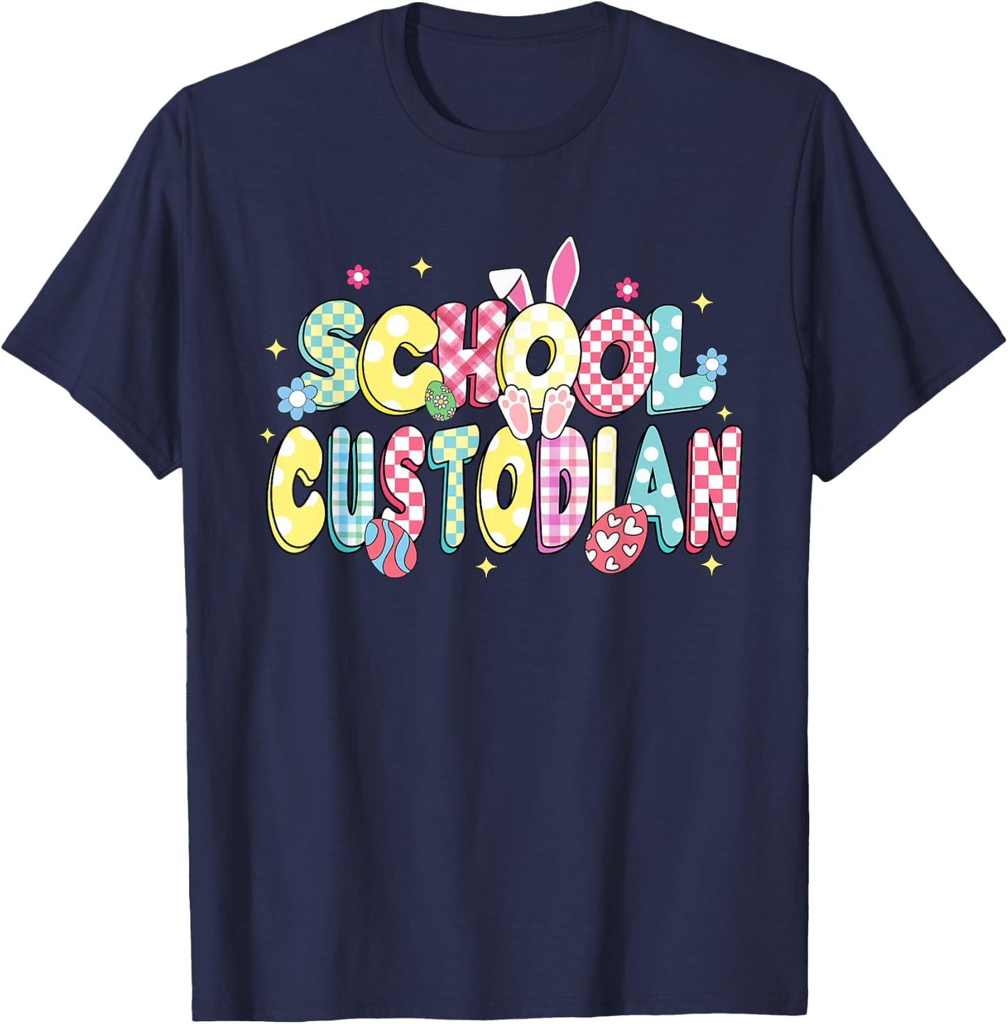 Retro Groovy School Custodian Bunny Ear Funny Easter Gifts T-Shirt - T-Shirt | Navy