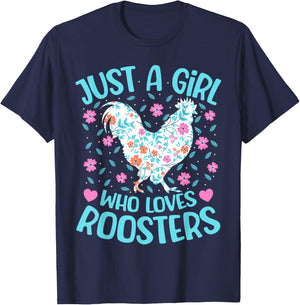 Just A Girl Who Loves Roosters Floral Women Girls Rooster T-Shirt - T-Shirt | Navy