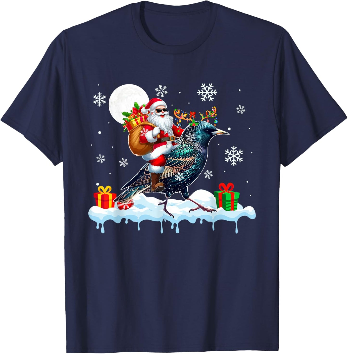 Santa Sunglasses Riding Reindeer Starling Bird Enthusiast T-Shirt - T-Shirt | Navy