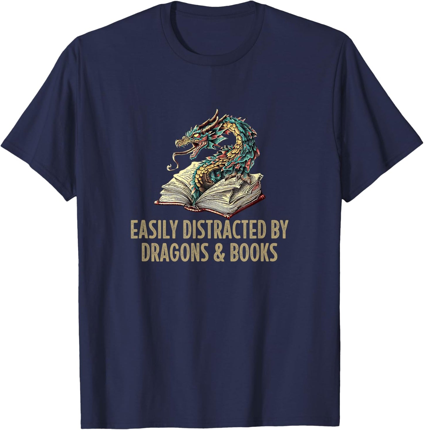 Easily Distracted By Dragons & Books - Vintage Style T-Shirt - T-Shirt | Navy