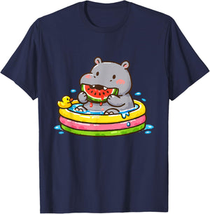 Hippo Eating Watermelon in Pool Funny Cartoon T-Shirt - T-Shirt | Navy