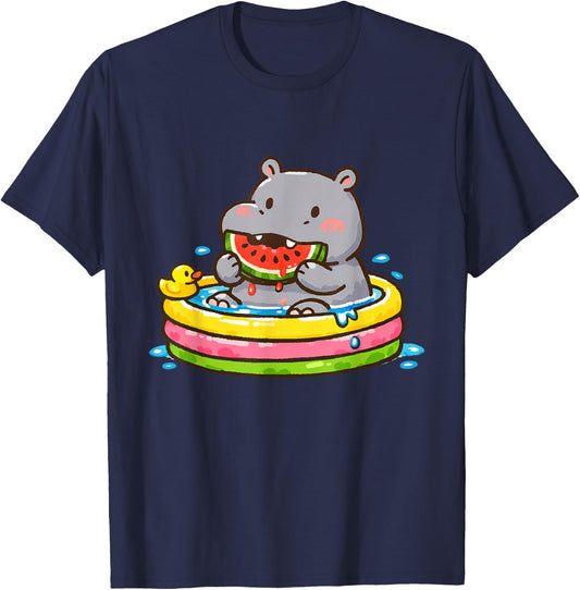 Hippo Eating Watermelon in Pool Funny Cartoon T-Shirt - T-Shirt | Navy