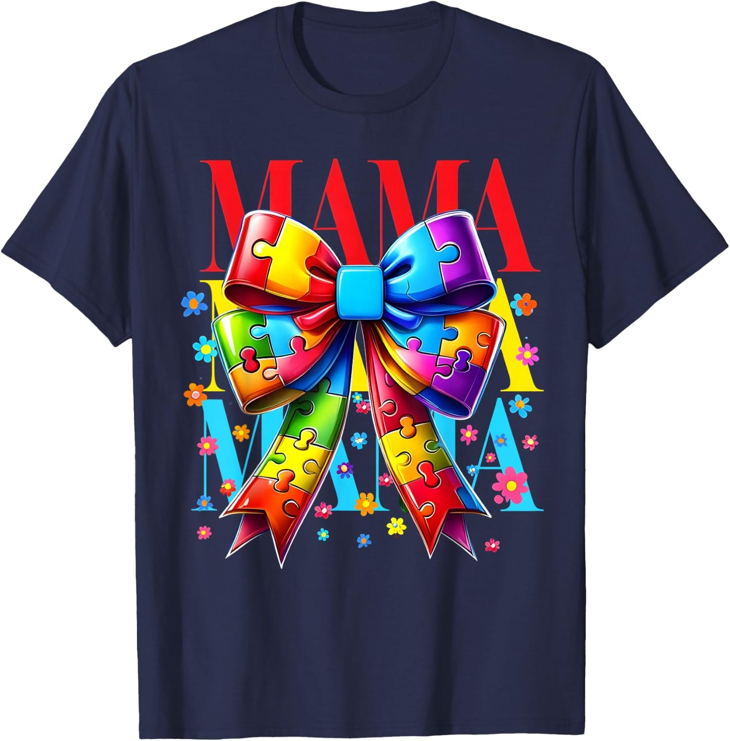 Autism Mom Puzzle Piece Coquette Bow Ribbon Autism Mama Kids T-Shirt - T-Shirt | Navy