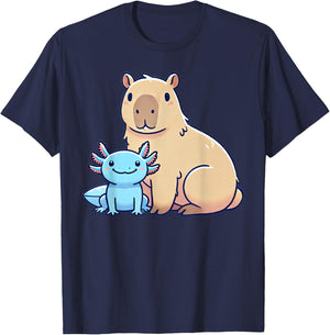 Kawaii Capybara Axolotl T-Shirt - T-Shirt | Navy
