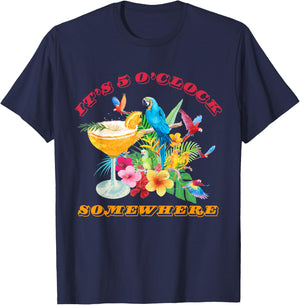 It's 5 O'clock Somewhere Parrot Sunset Drinking Summer Retro Men Women T-Shirt - T-Shirt | Navy