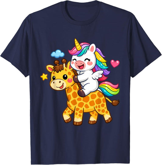 Unicorn Riding A Giraffe Boys Girls Men Women Kids Adults T-Shirt - T-Shirt | Navy